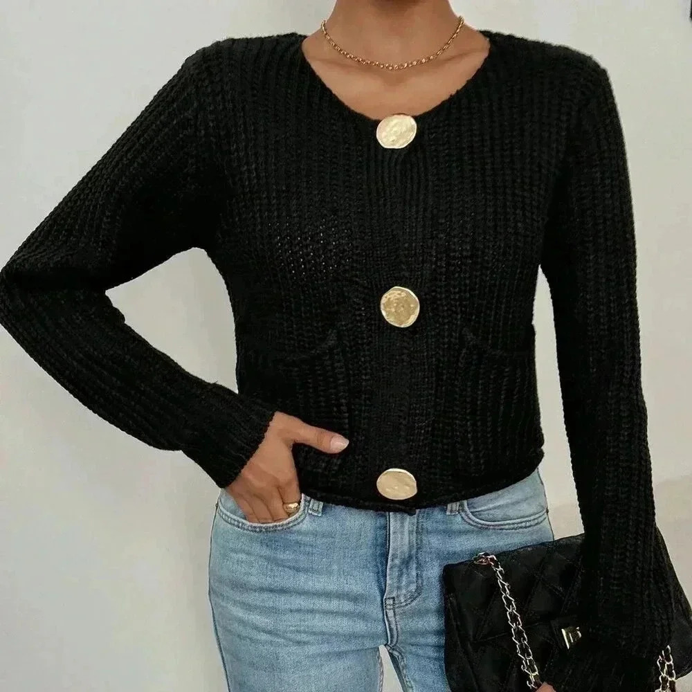 Black Casual Women's Crew Neck Front Button Up Long Sleeve Cardigan - Picture 4 of 5